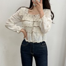 스퀘어넥 자수 레이스 프릴 캉캉 블라우스 2color