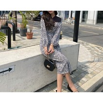 잇츠스타일 라운드넥 잔호피 밴딩 미디원피스 (카라 탈부착가능)