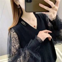 밀크봉봉 여성용 레이스 브이넥 긴팔티