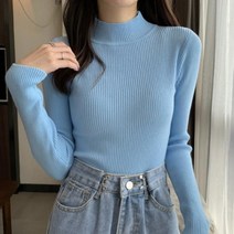 여자 폴라니트 슬림핏 슬렌더룩 분홍색 긴팔티