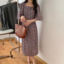 스퀘어넥 5부 소매 플라워 롱 원피스 반팔 여름 치마