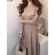 세련된 한국 신축성 여성 니트 스웨터 풀오버 드레스 가을/겨울용 따뜻한 베이직 웨어 레이스업 드레스