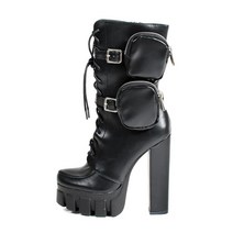 Guilty Heart 여성용 옵시디안 포켓 하이힐 플랫폼 앵클 미드 카프 컴뱃 부츠 블랙. 10, Black_10