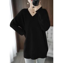 Momolatti 여성용 롱 기장 겨울 소프트 스웨터 루즈핏 포그니 브이넥 니트