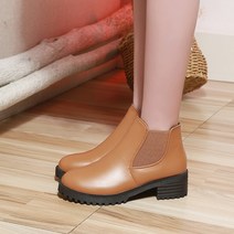 발편한 여성 겨울신발 겨울 펑크 부츠 라운드 헤드 토 탄성 밴드 가죽 스터드 두꺼운 미들 힐 첼시 발목 슬립온 플러시