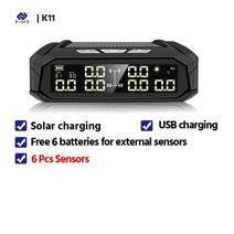 EACE K10 솔라 TPMS 자동차 타이어 압력 알람 모니터 시스템 타이어 온도 디지털 디스플레이 자동 보안 경보 시스템 6 센서, K11 - 6 Sensors+Internal Senso