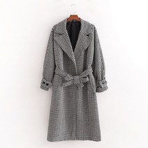 트위드 손담비 격자 무늬 모직 코트 여성 가을 ​​2020 포켓 롱 코트가있는 Houndstooth 벨트 가을 따뜻한 느슨한 오버 코트 여성 겉옷 | 울 블렌드
