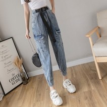 9부 데님 배기 팬츠 하이 웨이스트 여성 여름 슬림해 보이는 얇은 카고 팬츠가 트렌드 SC