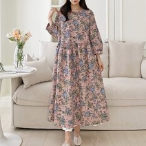 레아린넨 여성 플라워 7부 소매 롱 린넨 원피스