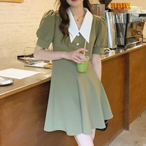 [드레스날다] 청순여리 배색카라 플레어 퍼프 미니 원피스(mops1566)
