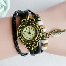 검정색 옐로우 뱅글 나뭇잎 장식 손목 시계 합금 PU 가죽 밴드 줄 끈 여성 여자 데일리 포인트 다이얼 아날로그 생일 선물 여성시계 여자시계 패션손목시계 팔찌시계 뱅글시계 가죽시계