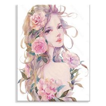 오로라데코덴 캔버스형 보석십자수 40x50cm, MK123 분홍꽃과 여자