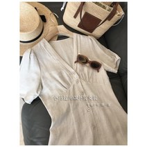 우아한원피스 말함 다하지 않다 의 부드럽다 삽 미 수입 면린넨 브이넥 선 싱글 버튼 여성 여름 2993988513