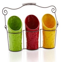 Kitchen Utensil Holder Set (4 Pieces) - 3 Ceramic Crocks 1 Portable Wire Caddy - Multi-Color