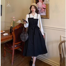 셔츠원피스 페이크레이어링 민소매 긴팔원피스 스타일리쉬 날씬해보이는 햅번스타일 불규칙 라펠카라 병접연결 자녀