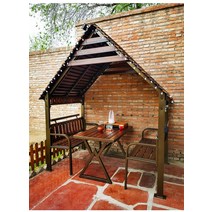 통나무정자 원두막 야외 빌라 옥상 테라스 안뜰 정원, 바닥과 거즈 커튼이 있는 녹색 목조 주택