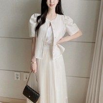 비비미미 퍼프 소매 노카라 린넨 여름 반팔 자켓 베이지 핑크 블랙 하객룩