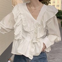 베이비돌블라우스 화이트 봄 긴팔 빈티지 숏 셔츠 루즈핏 브이넥 긴팔 프릴 언밸런스 크롭