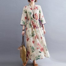 빅사이즈 엄마옷 플라워 자연랩 허리끈 원피스 루즈핏 50대 엄마선물 화사한 가을옷