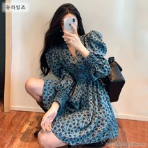 S~4XL 빅사이즈 어깨 퍼프 셔링 플라워 V넥 미니 원피스 긴팔 여자 여성 봄 가을 A라인 스커트 잔꽃 데이트룩