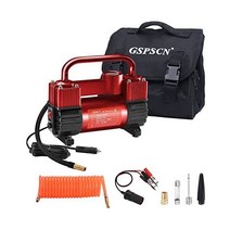 GSPSCN 레드 타이어 팽창기 튼튼한 이중 실린더 휴대용 금속 DC 12V 공기 압축기 자동차 트럭 SUV 타이어 딩기 에어 베드 등을 위한 어댑터가 있는 150PSI 펌프