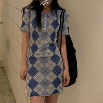 모노위크 빠른당일배송 라이드 슬림 하이틴 아가일 카라 니트 미니원피스