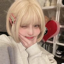 여성용 C컬펌 짧은 숏컷 통가발 미니컷, 베이지+헤어넷