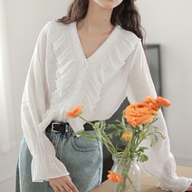 여성용 프릴 브이넥 긴팔 블라우스 하늘비즈 A31 U322T185