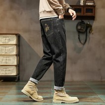 DarjinQD 봄가을 스판 데님 팬츠 남성 블랙 그레이 엣지 자수 일자 팬츠