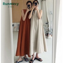 런메시Runmecy 심플 루즈핏 민소매 A라인 롱원피스 린넨 원피스
