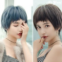 하이유니 처피뱅 숏컷 헤어 짧은머리 단발 통가발 가발 28cm + 거치대 세트, 헤이즈블루 / 28cm