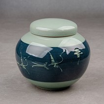 [성연티세라] 청자 흑조각운학 항아리단지(2.4kg) 꿀단지 경옥고단지
