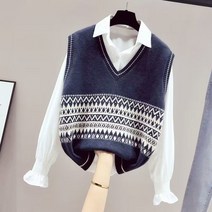 kekamall 봄가을 투피스 니트 베스트 나시 브이넥 상의 여소중 자카드 스웨터 민소매 아우터 셔츠