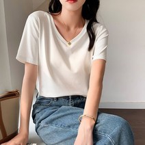 깔끔한반팔티 심플한여자반팔티 여자 심플 직장인 학생 데일리 브이넥 블라우스-72394EA