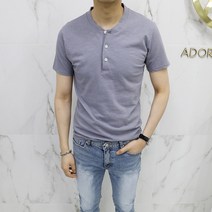 아도르클래식 반오픈 3버튼 차이나 헨리넥 여름 면 반팔티