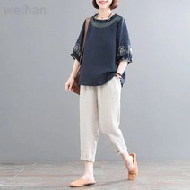엄마옷 40대 50대 아주마옷 빅사이즈 린넨 자수 퍼프소매 티셔츠 와이드팬츠 투피스 캐주얼 면마 상하의세트