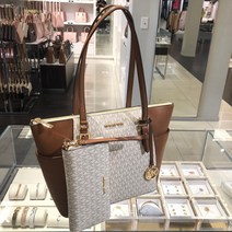 마이클 코어스 PVC 가죽 숄더 토트 핸드백 가방 ID 지갑 주변의 긴 지퍼 시그니처