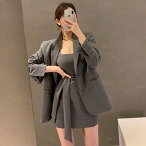 원피스대여 드레스 하프 코트 나시 원피스 세트 루즈핏 긴팔 정장 카라 스트랩 허리라인이 들어간 시크분위기 있는