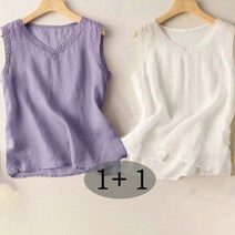 JUST FEEL!NG 1+1 여름 순면 민소매 티셔츠 면마 린넨 보이넥 자수 루즈핏 이너티 홈웨어 파자마 빅사이즈