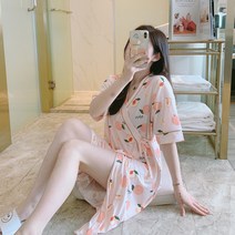 DFMEI 잠옷여여름반팔가운한국판청신박여름잠옷가운여름, 반팔 기모노 - 복숭아, 엘