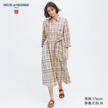 F 유니클로 여성 IDLF 린넨 코튼 혼방 벨트 셔츠 원피스긴팔 23봄과 여름 459474