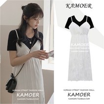 여성 롱 티셔츠 캐주얼 원피스 여름 슈퍼 요정 숲 요정 바닥 티셔츠 슬링 주름 미디블루 체크 스투피스 슈트