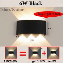 Led 벽 조명 인테리어 램프 110v 220v IP65 방수 욕실 집 야외 침실 정원 침실 장식 벽 램프, 6W Black Get 1 FREE, CHINA, Natural White + Waterproof