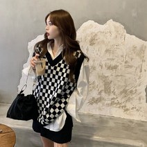 포린박스 체크 브이넥 오버핏 울 니트 베스트 롱 조끼 YJ