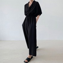 그린섬 ﻿카라넥 허리끈 반팔 여름 여성 와이드 점프슈트