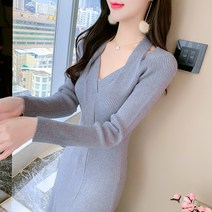 Mao진짜 총 가을과 겨울 새로운 프랑스어 스타일 패션 간단한 분할 스웨터 니트 드레스 코트 기본 스커트, L, 회색
