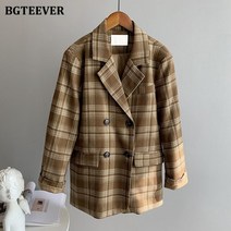 여성 가을 겨울 자켓 블레이저 빈티지 노치 칼라 체크 무늬 블레이저 여성 2020 긴