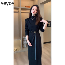 vsyoy 레저 컬러 기질 통근 레이스 업 허리 슬림 블랙 드레스 여성의 새로운 긴 소매 스커트