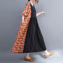 화려한 배색 여름 맥시 롱 원피스 5부 반팔 편한 중년 77원피스 엄마 아줌마 큰옷