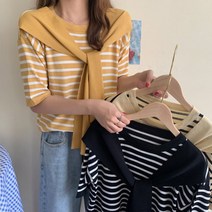 반팔 스트라이프 니트티 레이어드 페이크룩 숄가디건